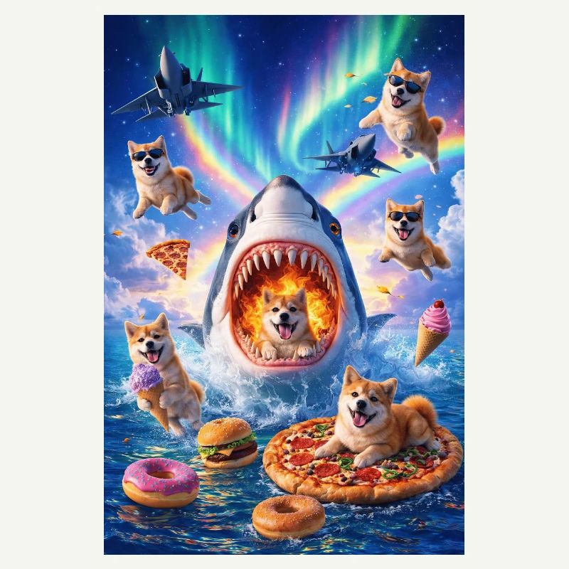 Requin avec pizza et chiens de l’espace