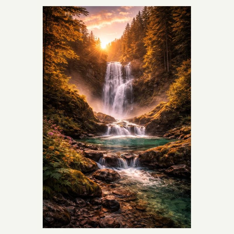 Cascade sous le soleil du soir