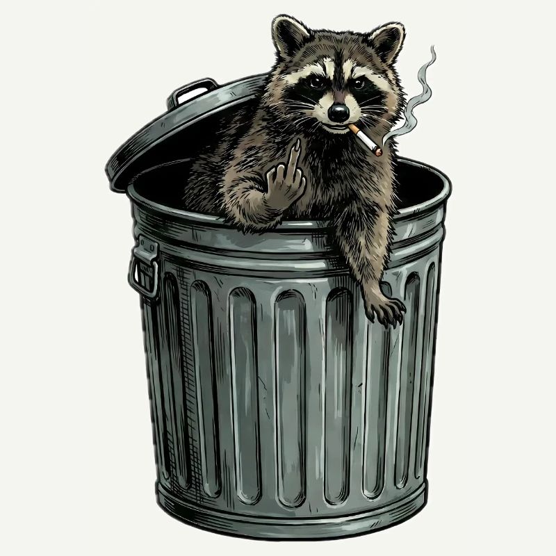 Trash PandaFrecher Waschbär im Mülleimer Zigarette
