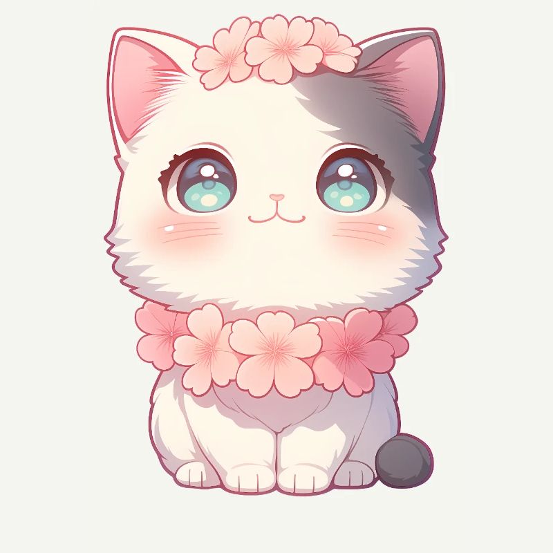 Couronne de fleurs de sakura en chat blanc de Kawaii style chibi