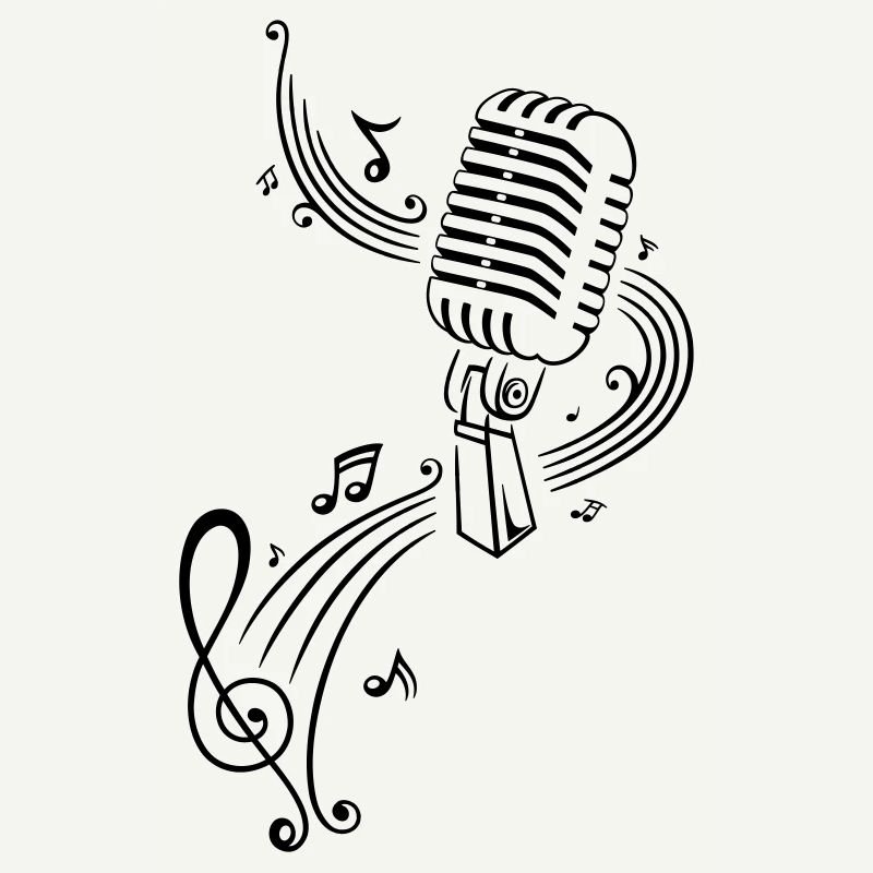 Retro microphone with music notes and clef.