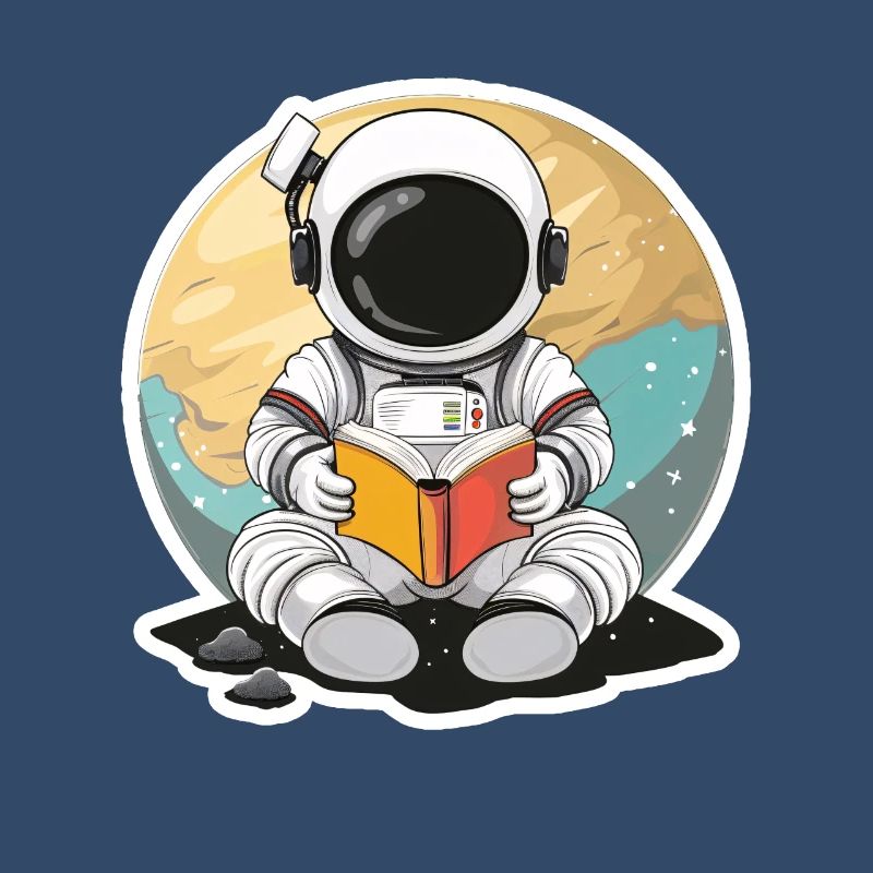 Astronaute dans l’espace devant une planète lisant un livre