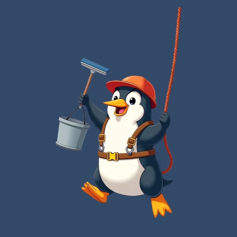 Penguin cleaning windows - Abseiling down