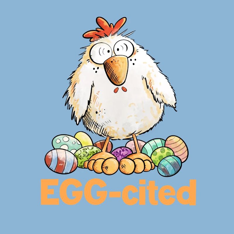 Excited Chicken with Easter Eggs Saying Eggcited