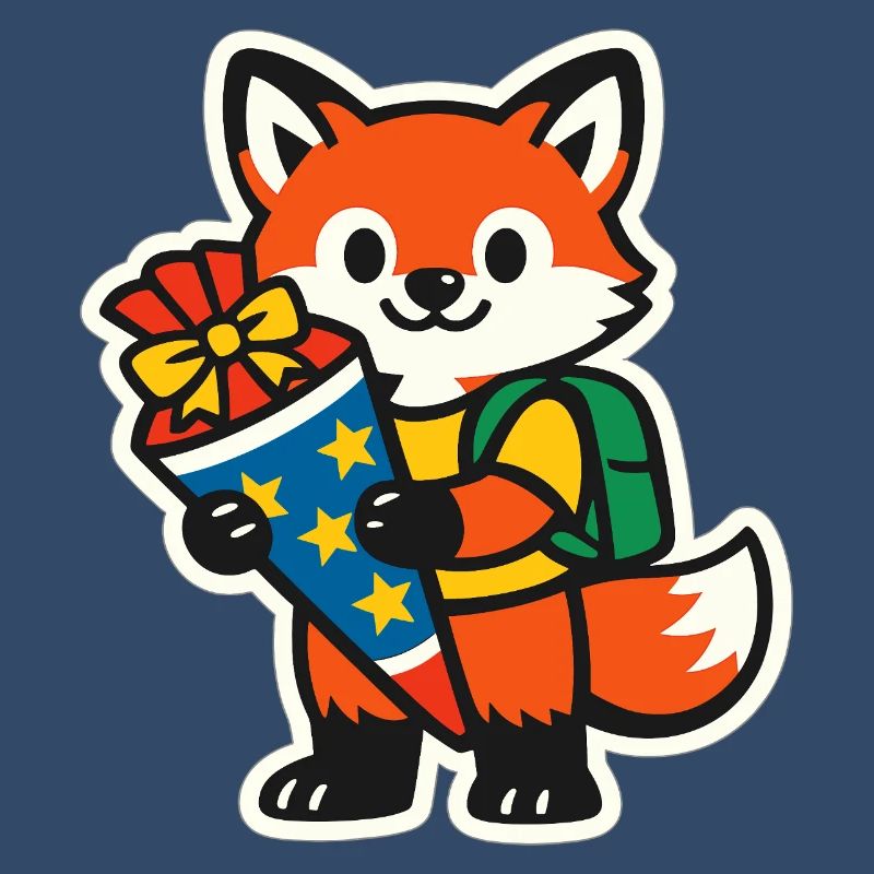 Fuchs mit Geschenk und Rucksack Einschulung