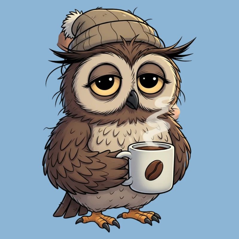Verschlafene Eule Mit Kaffeetasse Cartoon