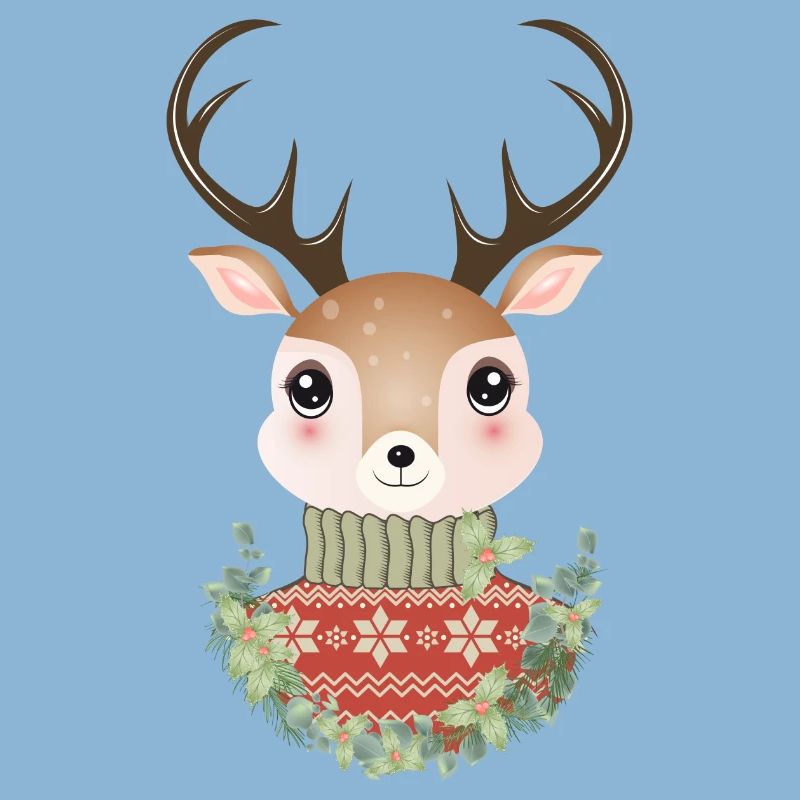 niedlicher Hirsch mit Pullover und Weihnachtskranz