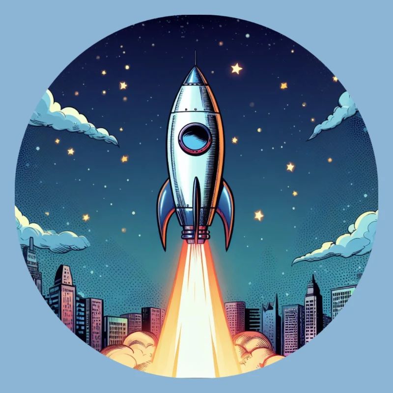 Rocket launch into space in front of night sky in comic style