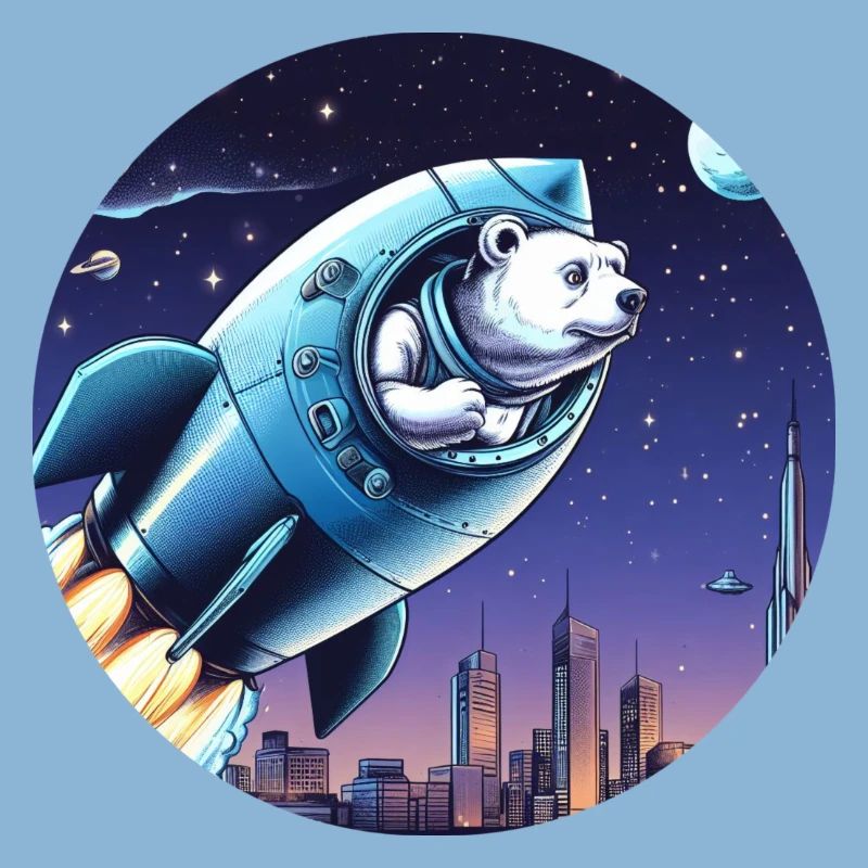 Une fusée avec un ours décolle dans l’espace devant le ciel nocturne