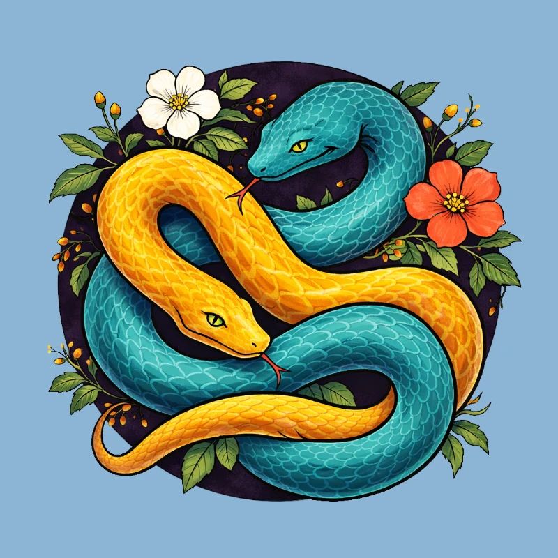Two Python Snakes in Flower Ring