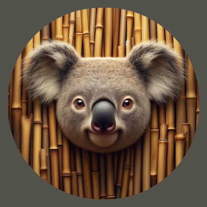Tête de koala devant un mur de bambou