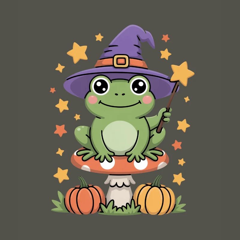 Witch frog on toadstool with pumpkins