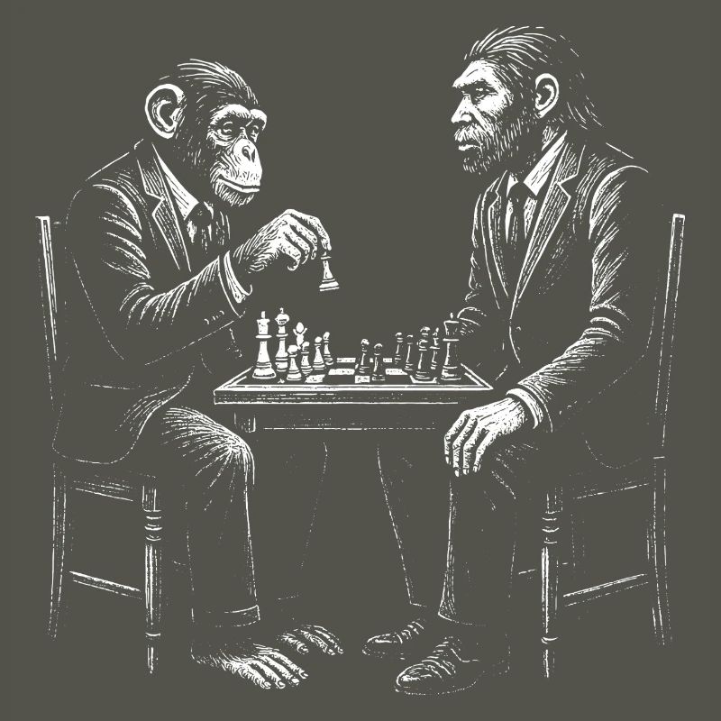 Un singe joue aux échecs avec un Homo erectus. Design amusant.