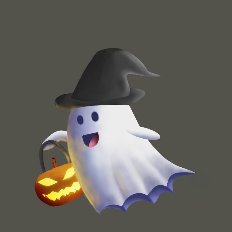 Ghost with Witch Hat and Jack-o'-Lantern