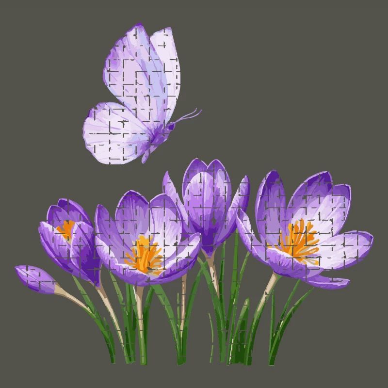 Crocus violets et papillon : conception en treillis