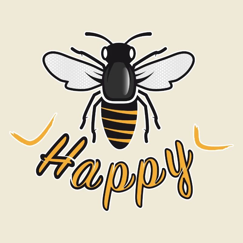 Happy bee with 'Happy' lettering
