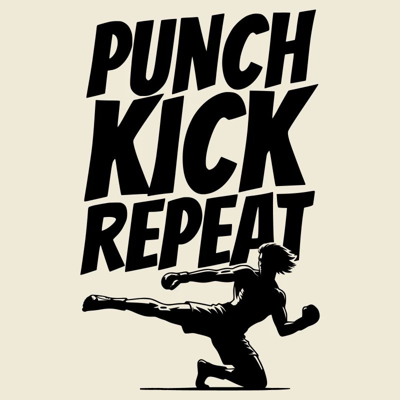 Kickboxer Grafik mit Punch Kick Repeat Text
