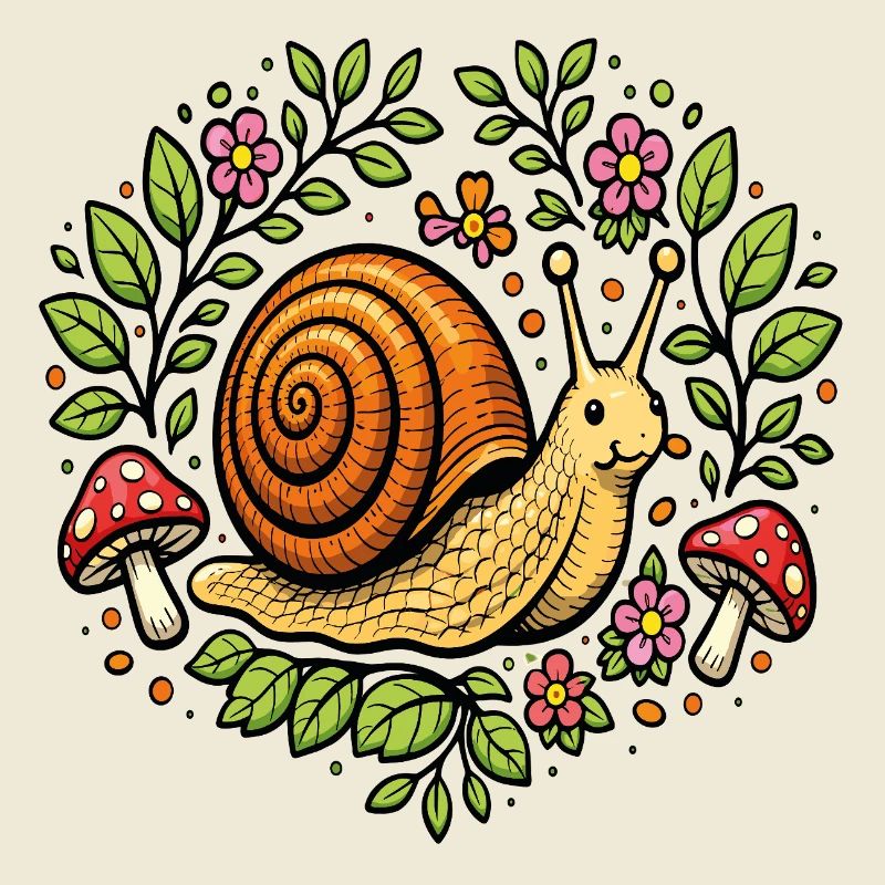 Escargot mignon fleurs et champignons