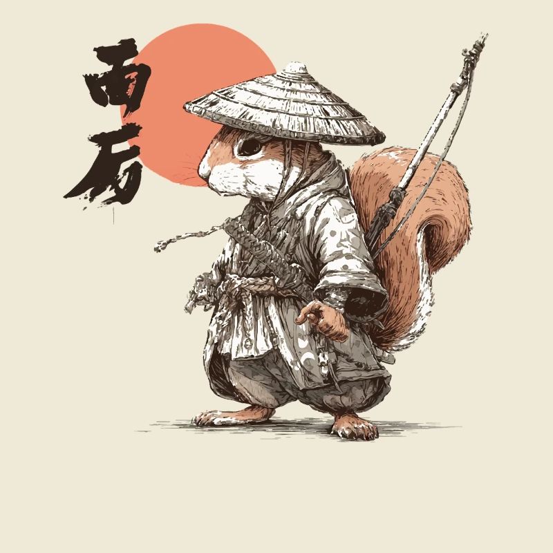Samurai-Eichhörnchen unter roter Sonne