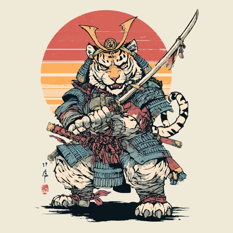 Tiger Samurai in Armor at Sunset