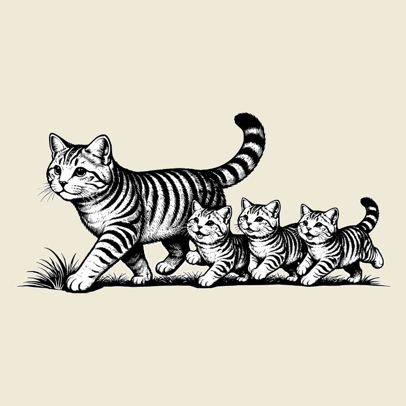 Mère chatte avec 3 chatons, noir et blanc
