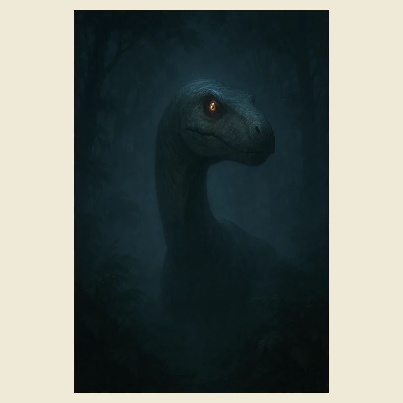 Dino in cloud forest with glowing eye