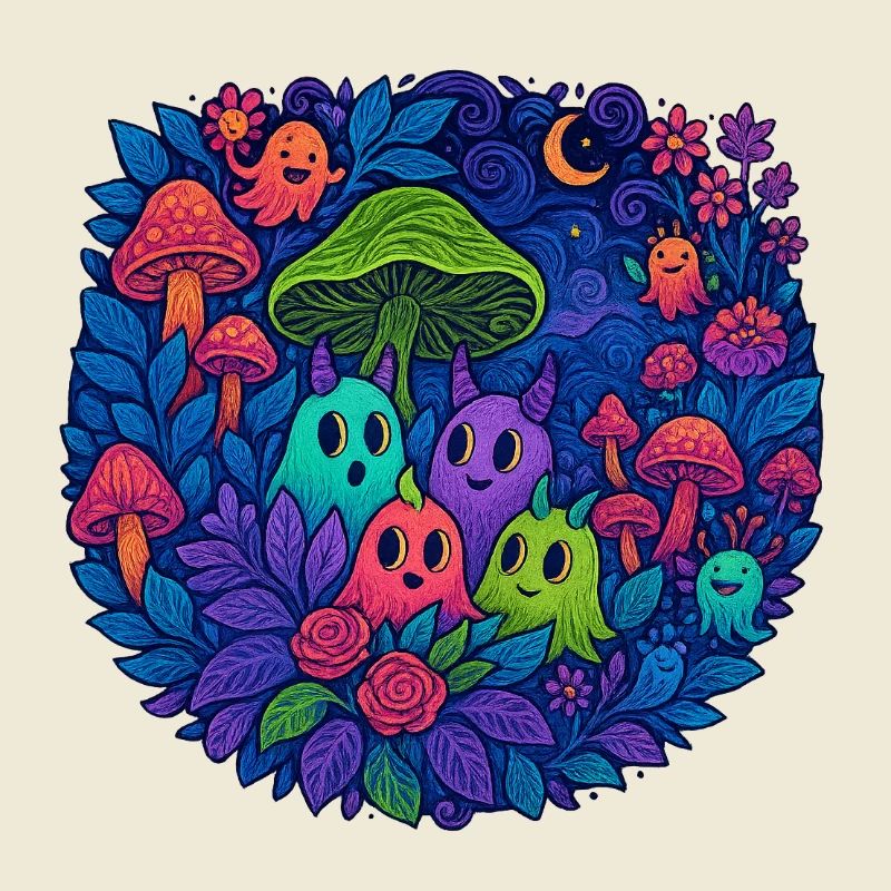 Amis monstres néons dans la forêt de champignons