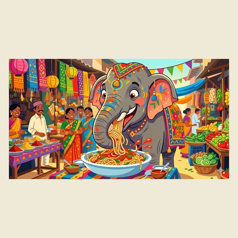 Art drôle de l’éléphant mangeant des spaghettis