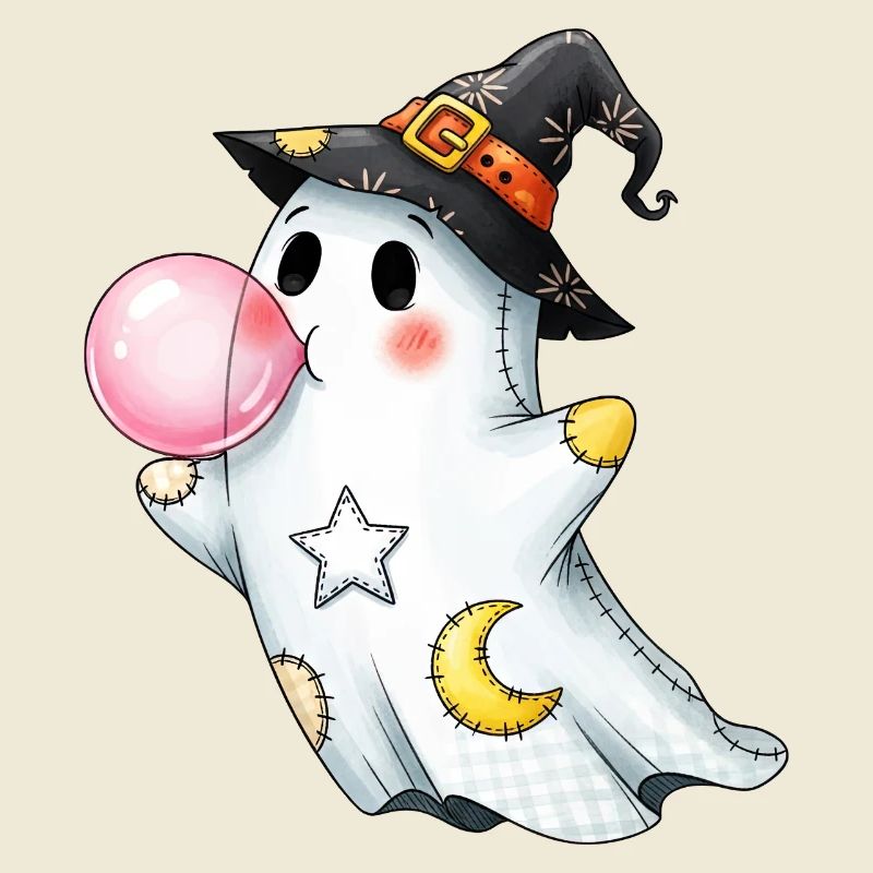 Patchwork cartoon ghost with bubble gum bubble