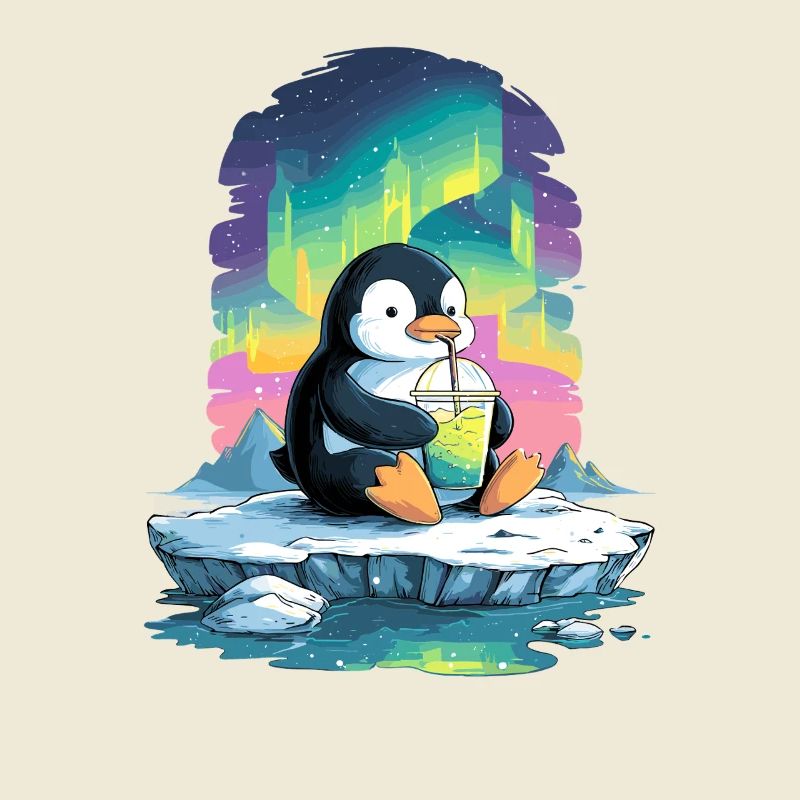 Pinguin am Eis mit Neon-Aurora
