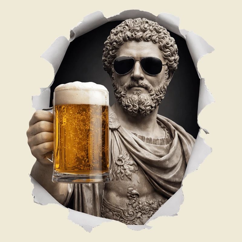 Marcus Aurelius with sunglasses and beer