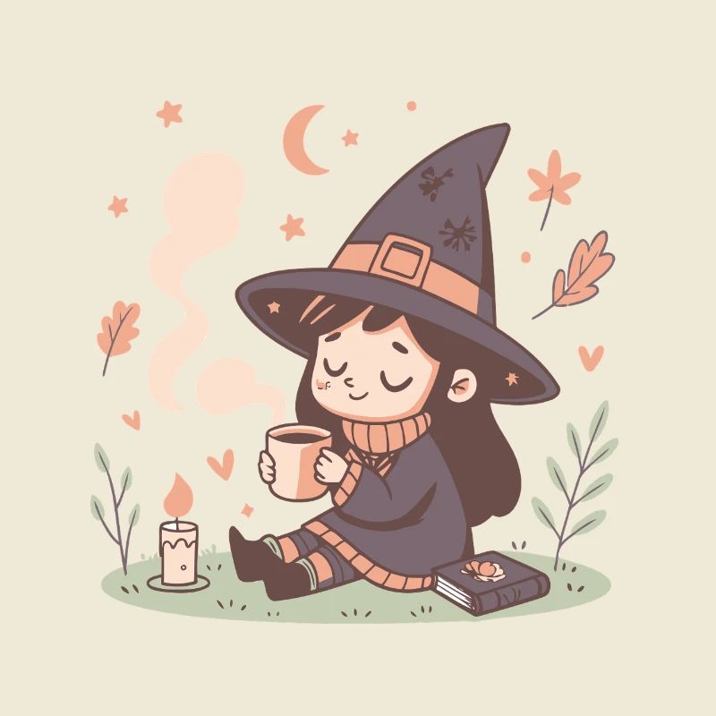 Cozy witch and steaming cup