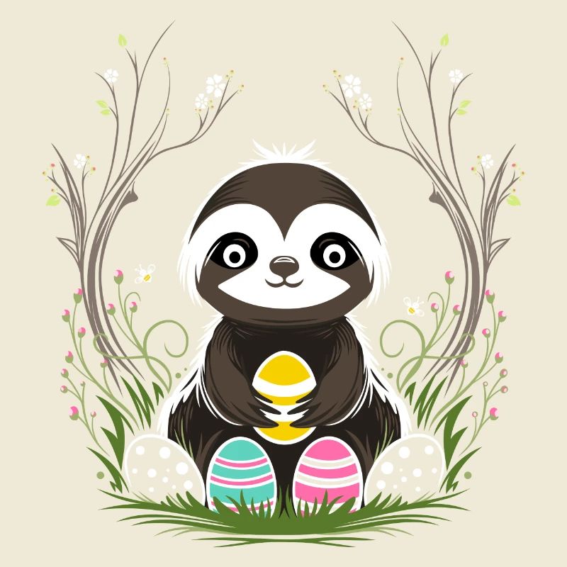 Easter Sloth with Easter Eggs in Spring