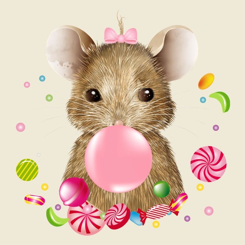 cute mouse with pink chewing gum and candy