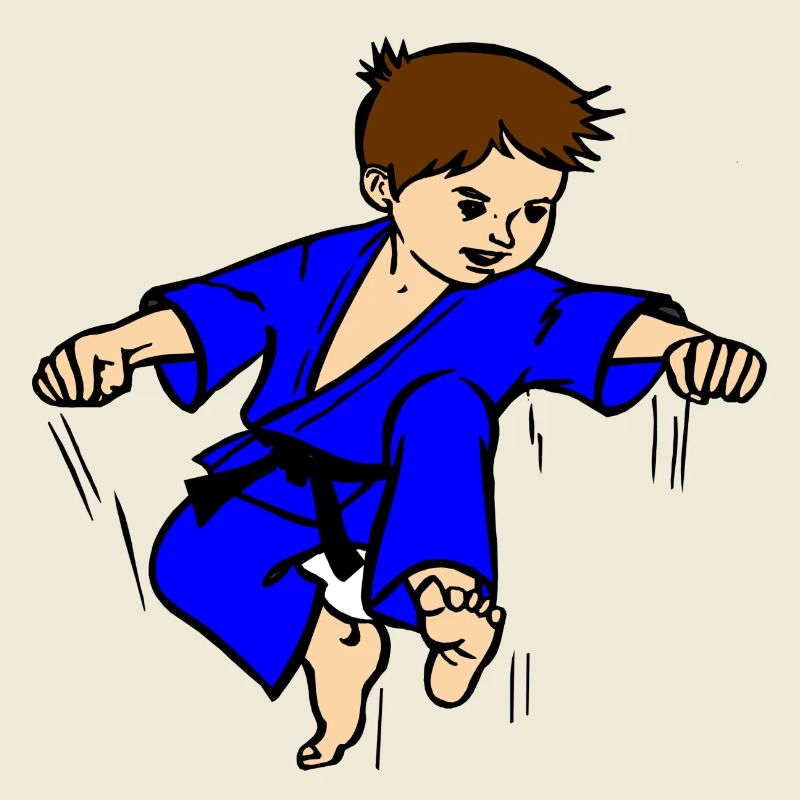 Blauer Anzug Karatekind oder Judokind mit schwarzem Gürtel