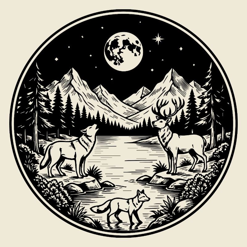 Wolf, deer and fox on the mountain river in the full moon.