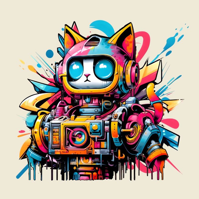 Chat conçu comme un robot dans le style graffiti de la bande dessinée