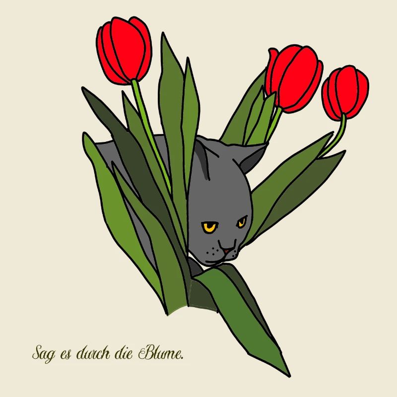 Cat between tulips