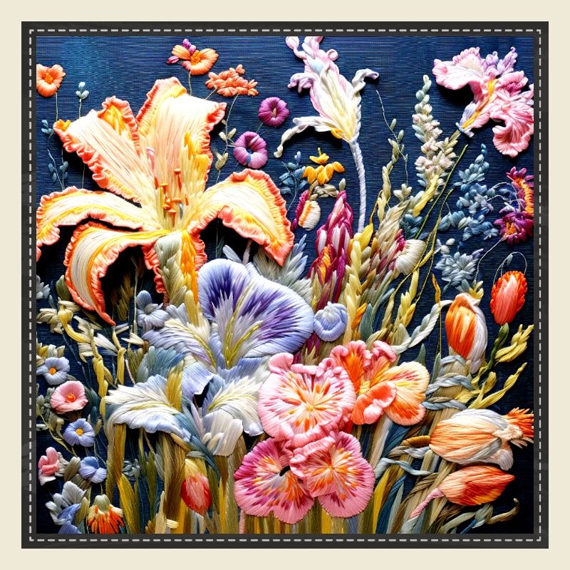 Blumenmuster in Sticktechnik auf Dunkelblau 