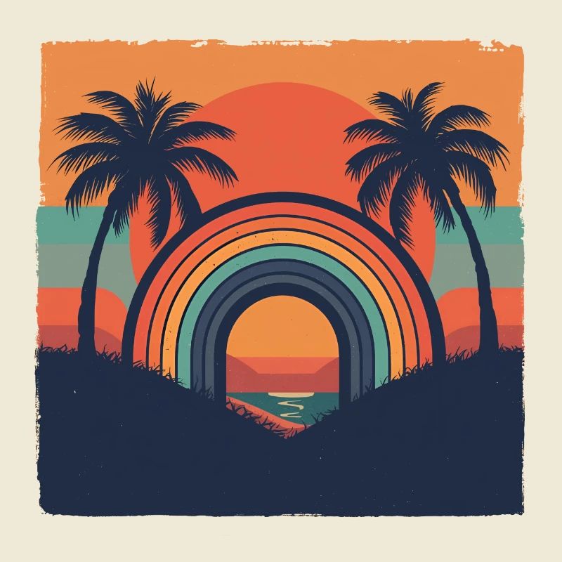 Retro Sunset with Rainbow & Palm Trees