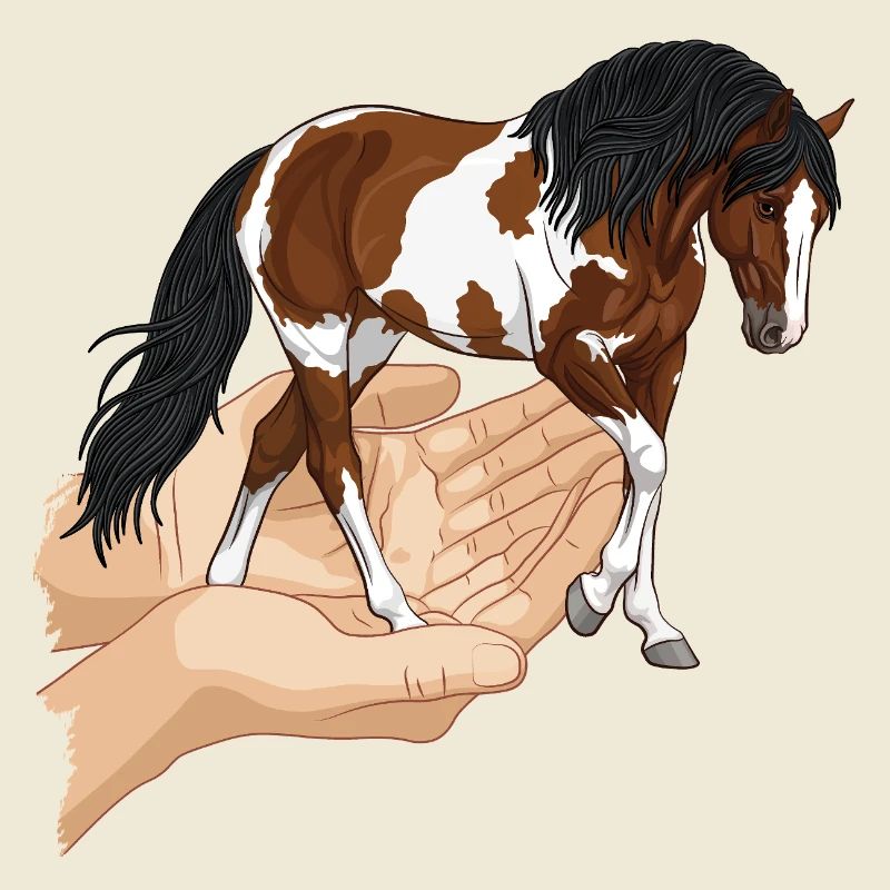 Un cheval pie qui sort de deux mains jointes