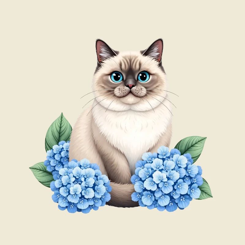 Cute Ragdoll Cat with Blue Hydrangeas