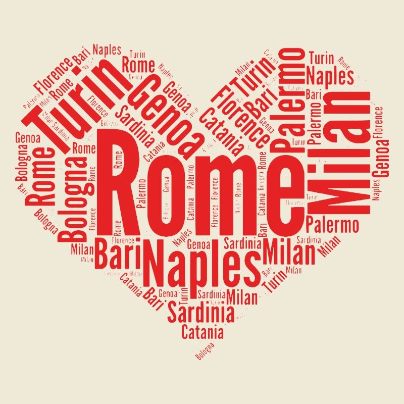 Italian cities typography heart-shaped layout map 