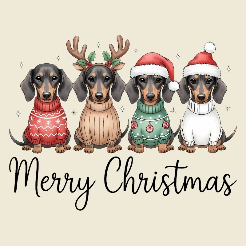 Vier Dackel, Dachshunde in Weihnachtspullover