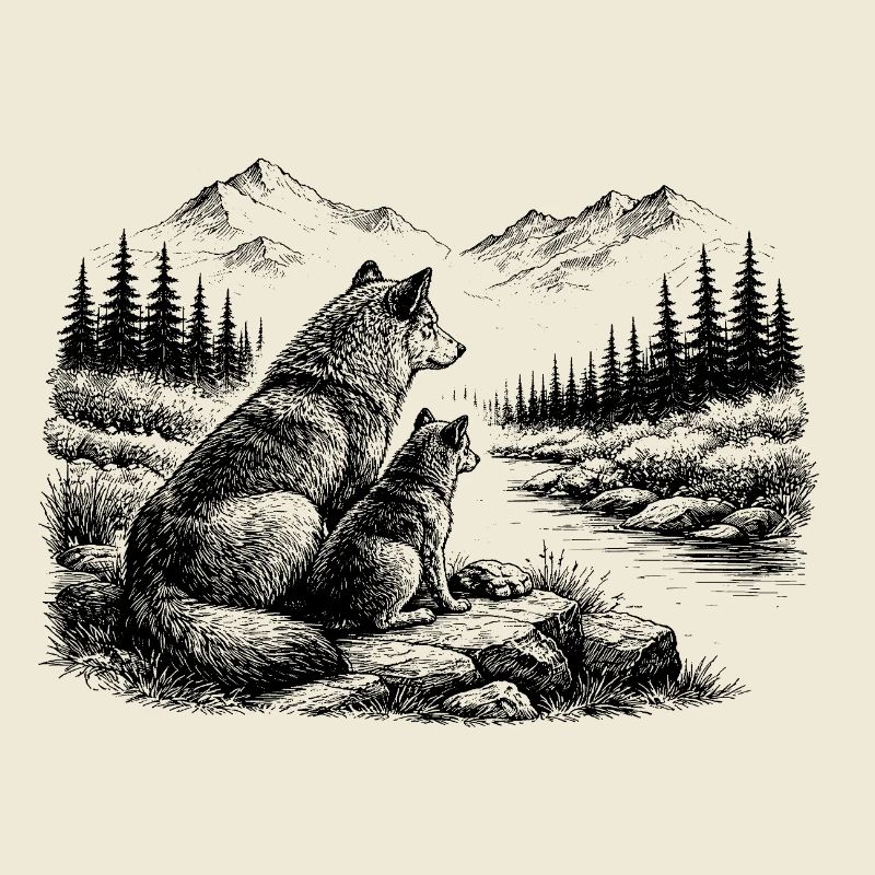 Wolf and child in nature – Mountains, forest, river