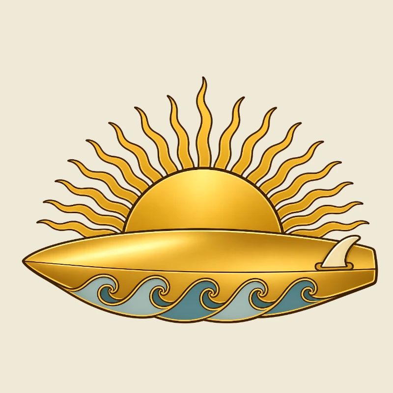 Soleil doré avec planche de surf et vagues de mer