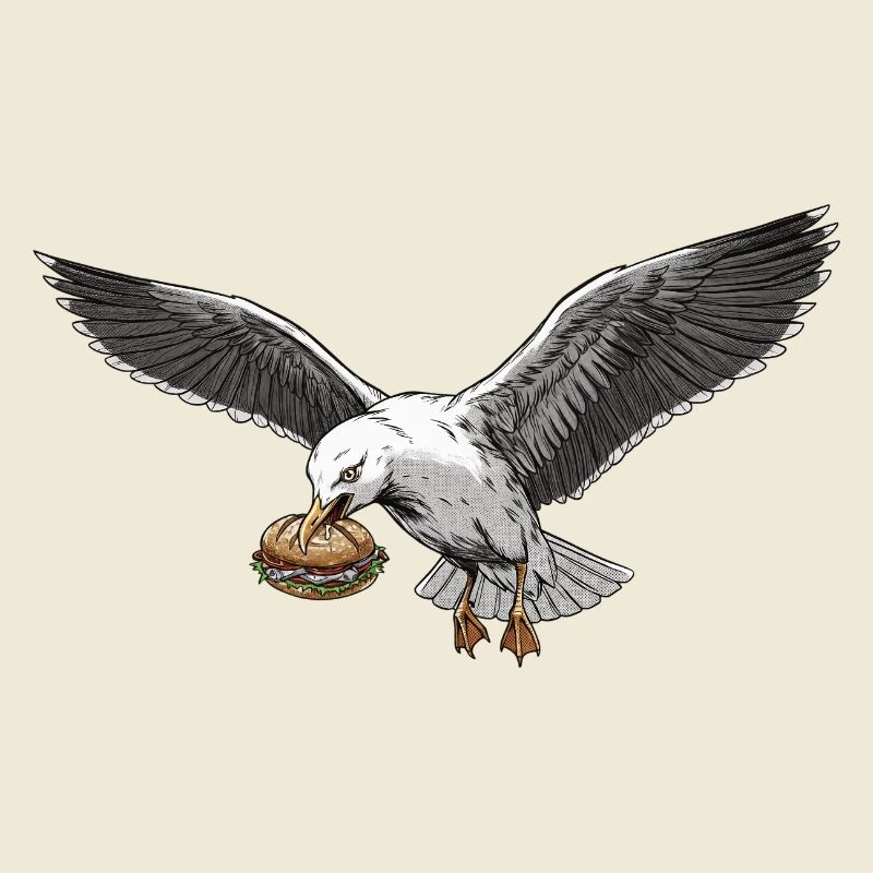 Funny Seagull Steals Fish Rolls Beach