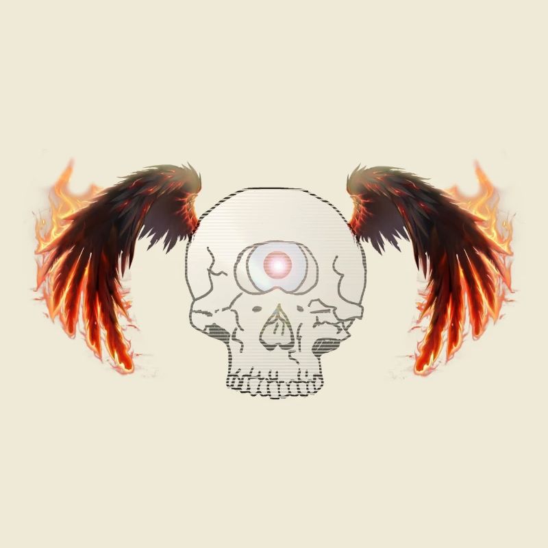 Winged skeleton in flames
