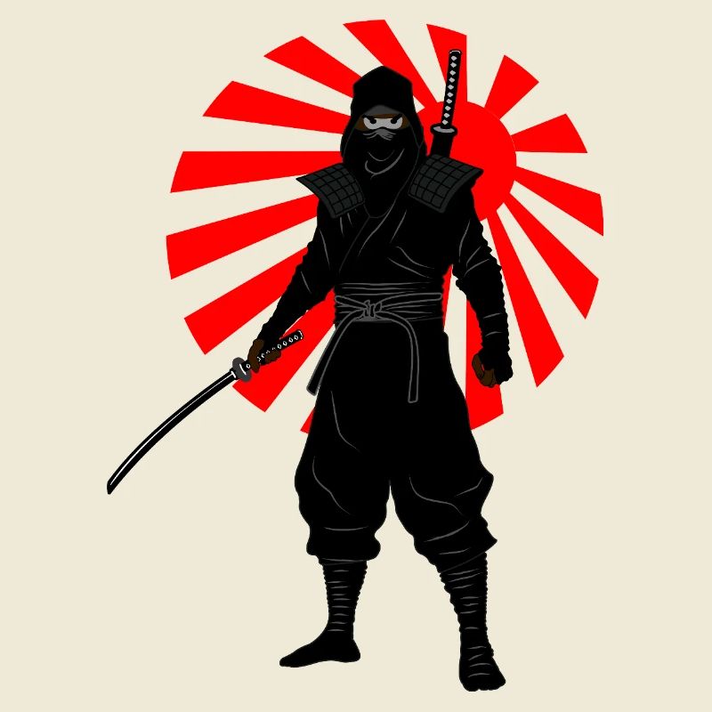 Position de combat ninja avec drapeau de bataille rouge