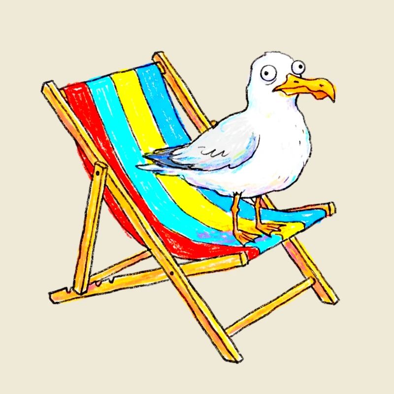 Seemöwe auf buntem Strandstuhl